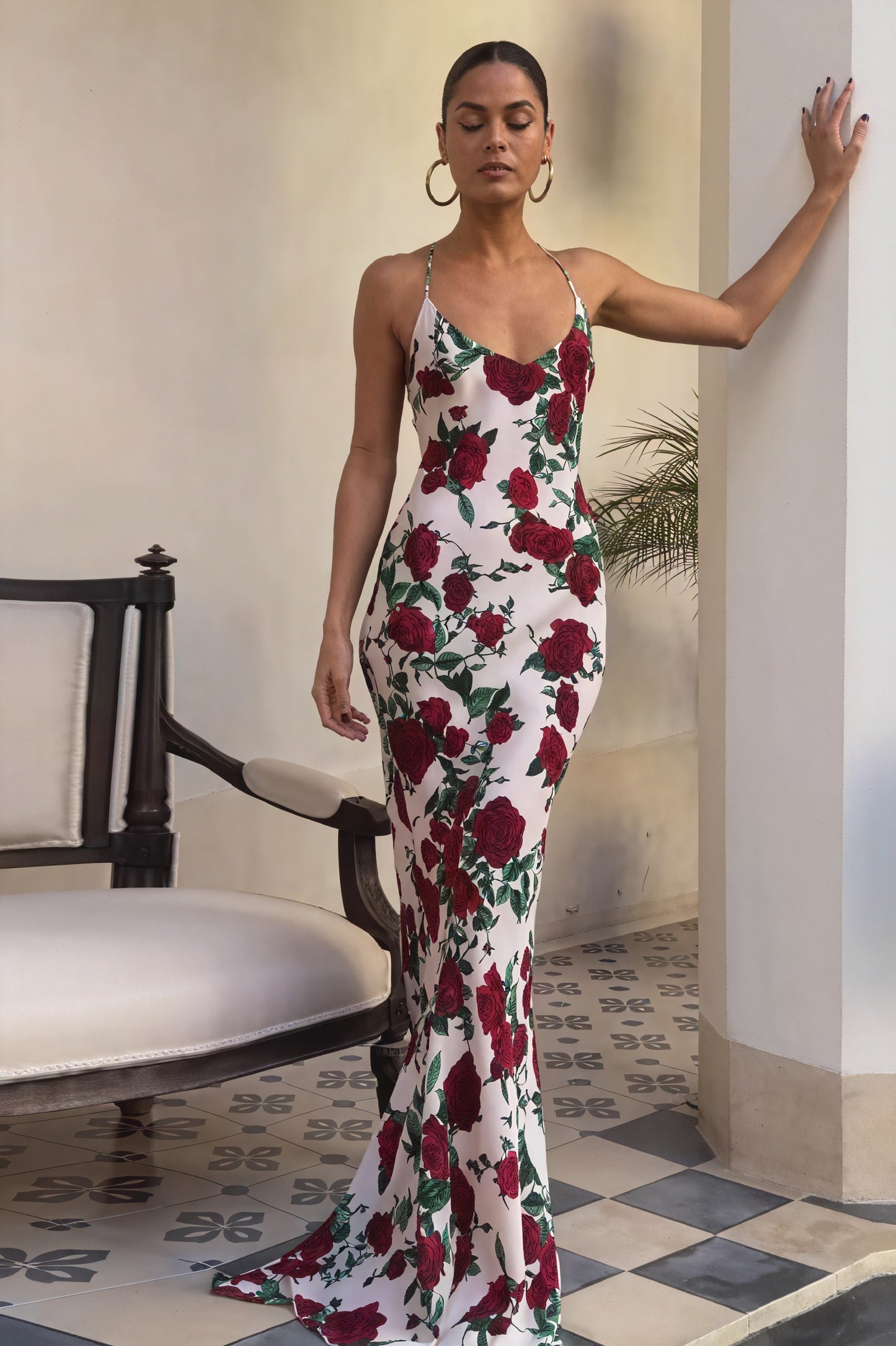 Women's Floor-Length Floral Dress – Red Rose Silk, Halter/V-Neck-81104-f6cb088f-92ab-491b-9034-a0fd2e34dd7f