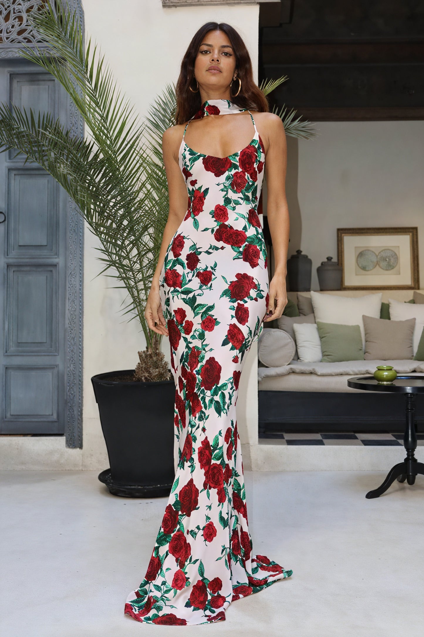 Women's Floor-Length Floral Dress – Red Rose Silk, Halter/V-Neck-81104-f3fec0bb-9457-40b0-bfd7-f074f4ef9ff1
