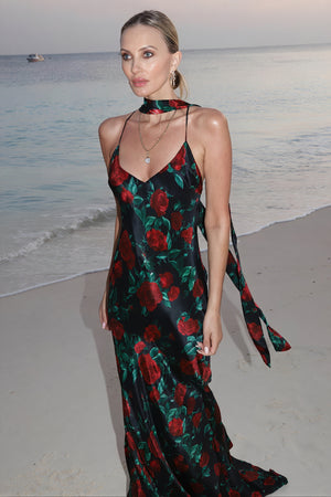 Women's Floor-Length Floral Dress – Red Rose Silk, Halter/V-Neck-81104-84e157a4-e7c0-4dd5-af40-42071ed053ac