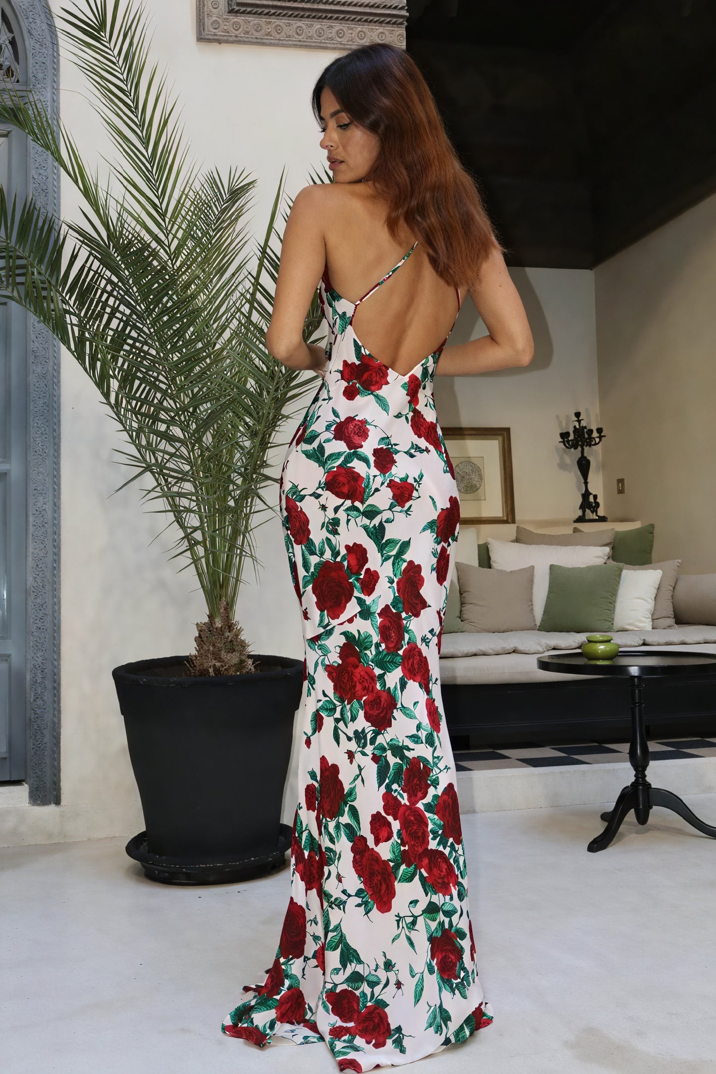 Women's Floor-Length Floral Dress – Red Rose Silk, Halter/V-Neck-81104-b7c78281-dc7d-45e2-9d4e-efa4675b55f6