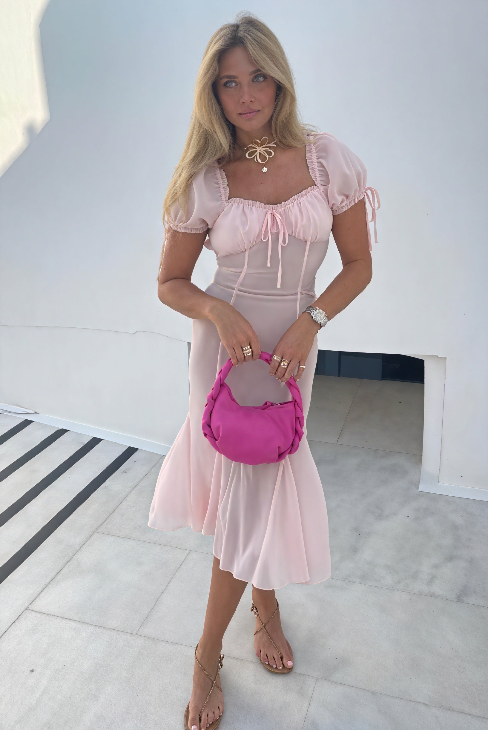 Women's Pink Silk Midi Dress – Sweetheart Neckline, Puffed Sleeves, Mermaid Silhouette-81106-9c632ccc-0aad-4659-9ab6-c7a1deb3c719