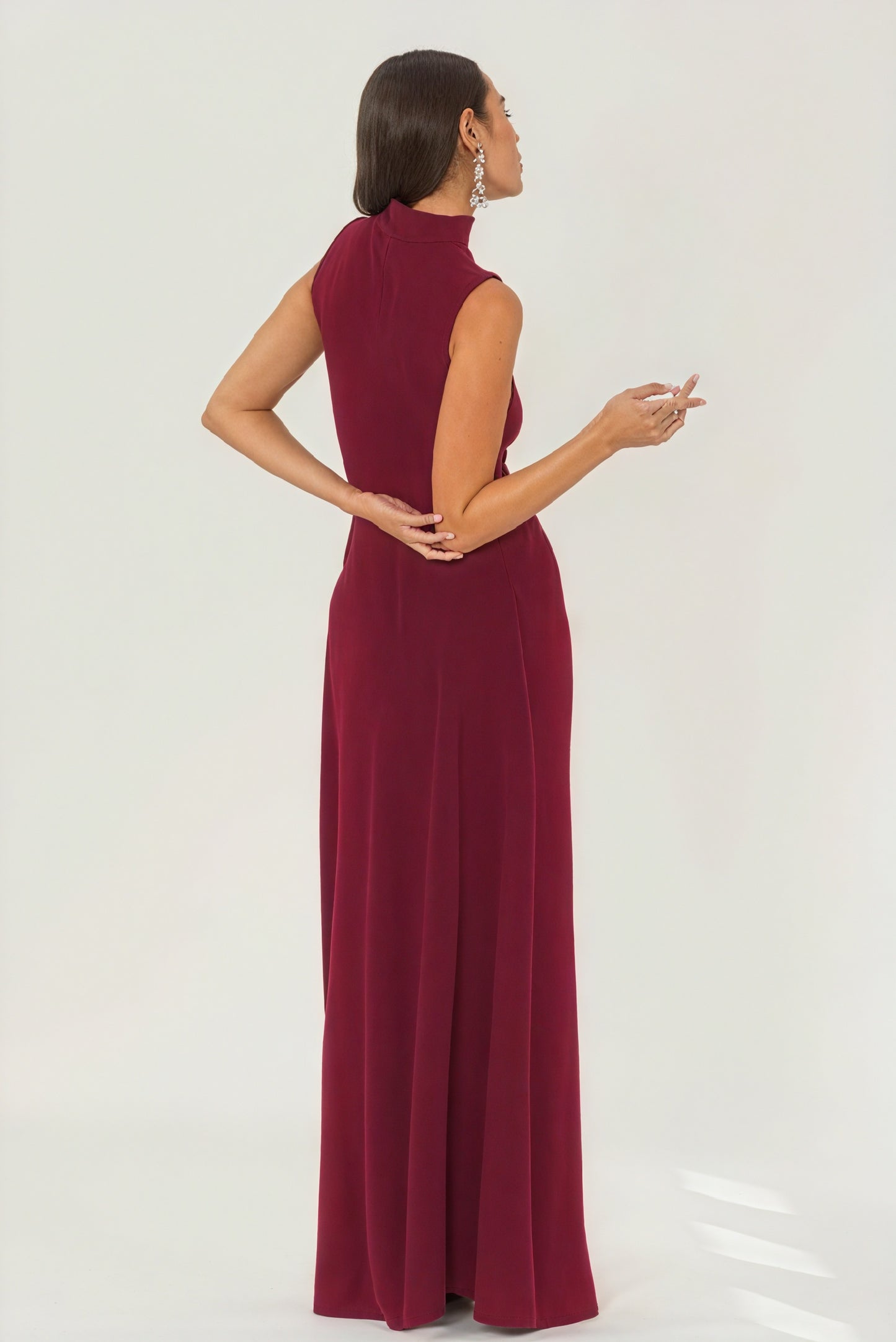 Women's Floor-length Sleeveless Mock Neck Dress - Textured Elegant Burgundy Green-81107-e61ce6d7-1217-4bc2-8bcb-962dd76be79b
