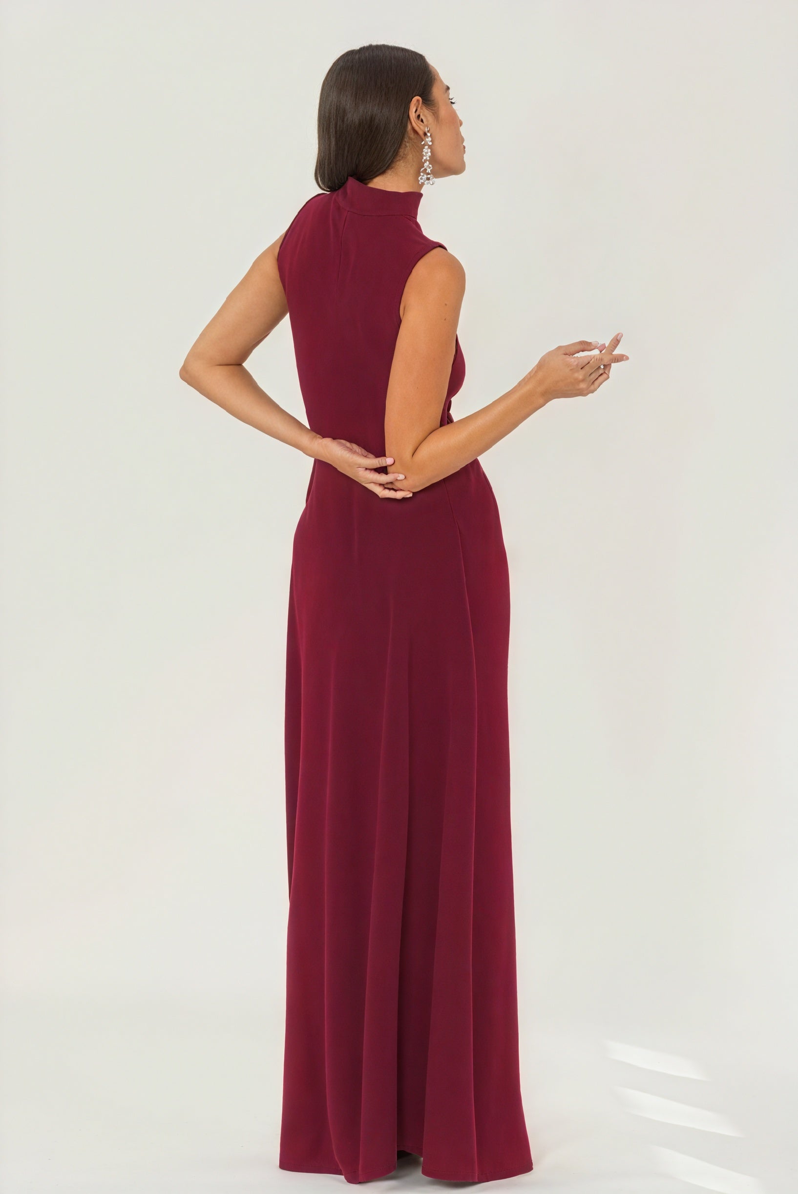 Women's Floor-length Sleeveless Mock Neck Dress - Textured Elegant Burgundy Green-81107-e61ce6d7-1217-4bc2-8bcb-962dd76be79b