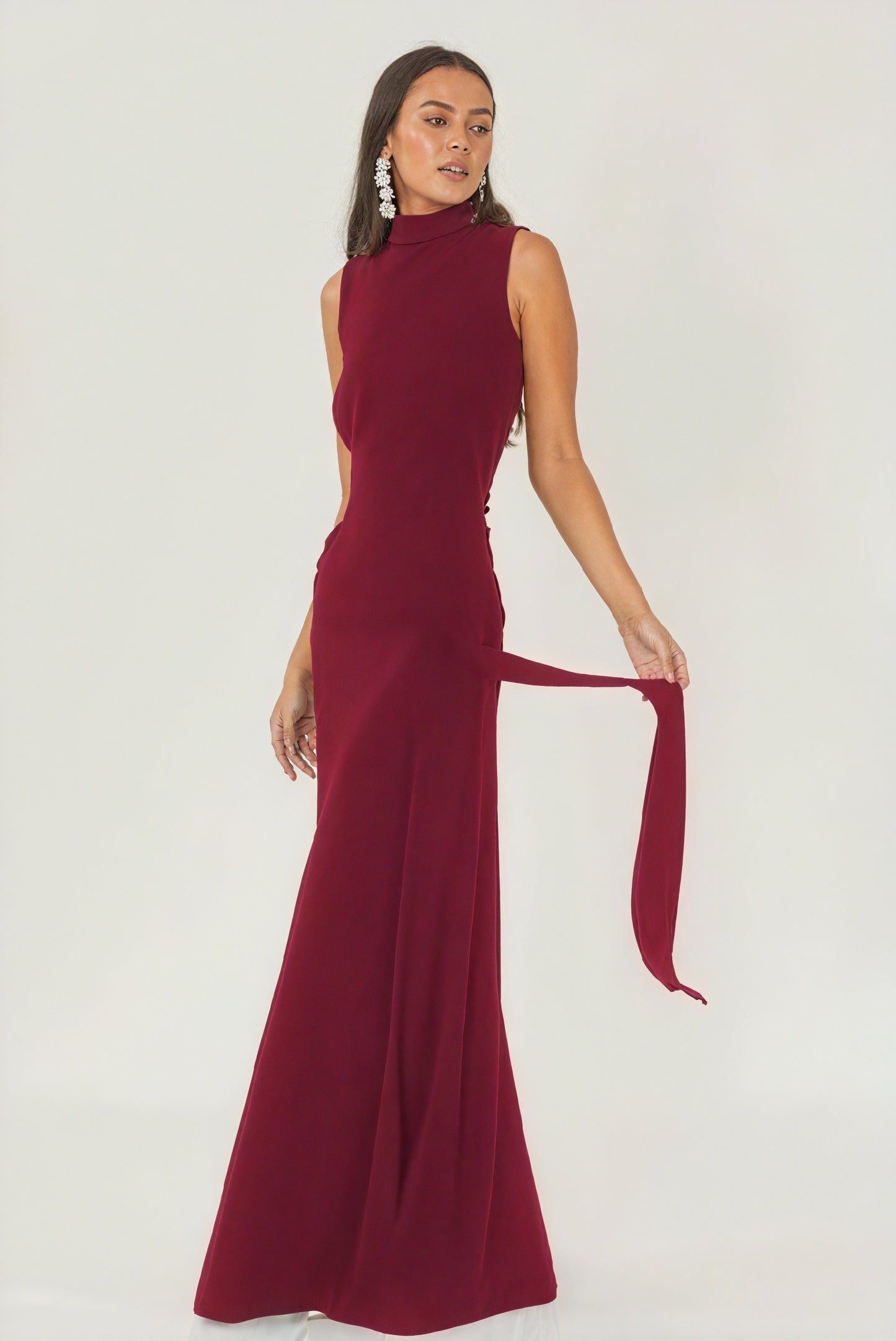 Women's Floor-length Sleeveless Mock Neck Dress - Textured Elegant Burgundy Green-81107-949fa08f-4fce-4aa9-938a-b9f463b33bec