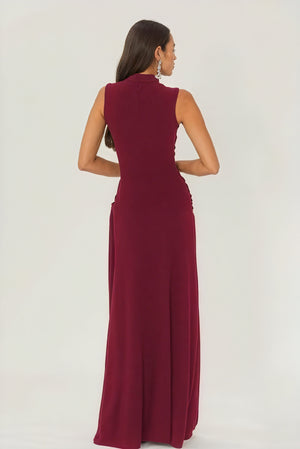 Women's Floor-length Sleeveless Mock Neck Dress - Textured Elegant Burgundy Green-81107-e8f2757e-3af9-416a-830b-fb3549b1103e
