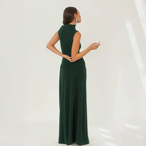 Women's Floor-length Sleeveless Mock Neck Dress - Textured Elegant Burgundy Green-81107-f723268e-c635-42bb-97da-38fcfd251f10