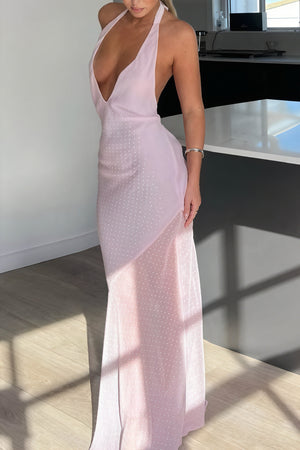 Women's Pink Halter Maxi Dress – Plunge V-Neck, Open Back, Asymmetrical Wrap Skirt, Chiffon-81108-8daf4e3a-51ae-4307-b50e-51daea507173