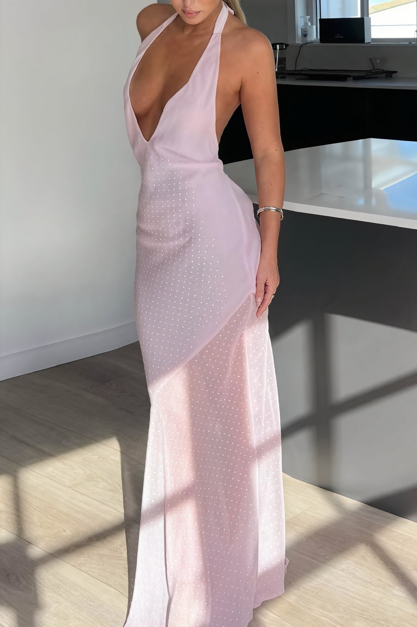 Women's Pink Halter Maxi Dress – Plunge V-Neck, Open Back, Asymmetrical Wrap Skirt, Chiffon-81108-8daf4e3a-51ae-4307-b50e-51daea507173