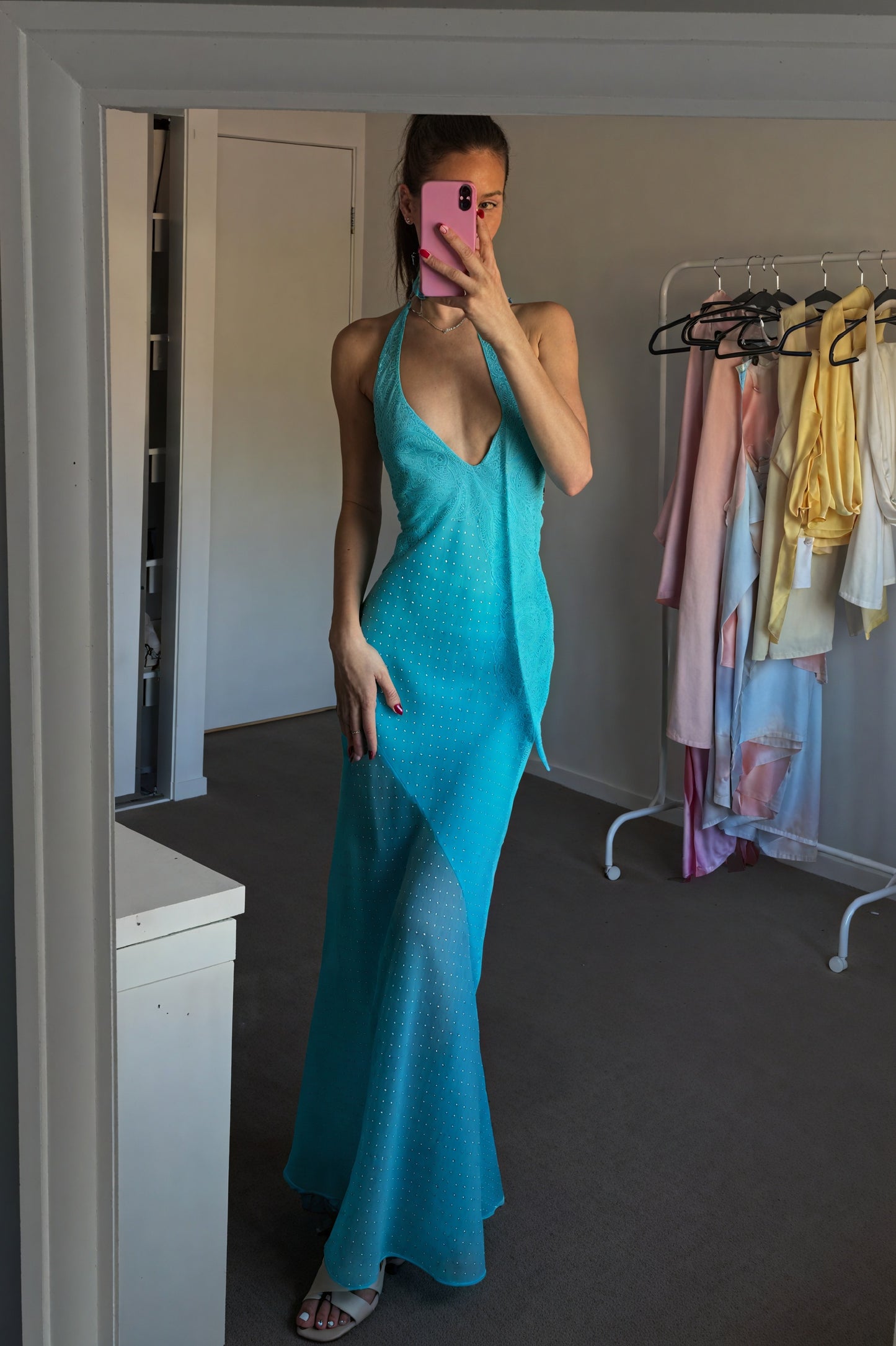 Women's Pink Halter Maxi Dress – Plunge V-Neck, Open Back, Asymmetrical Wrap Skirt, Chiffon-81108-1963e3d6-6b53-4644-8ab8-6e7890686613