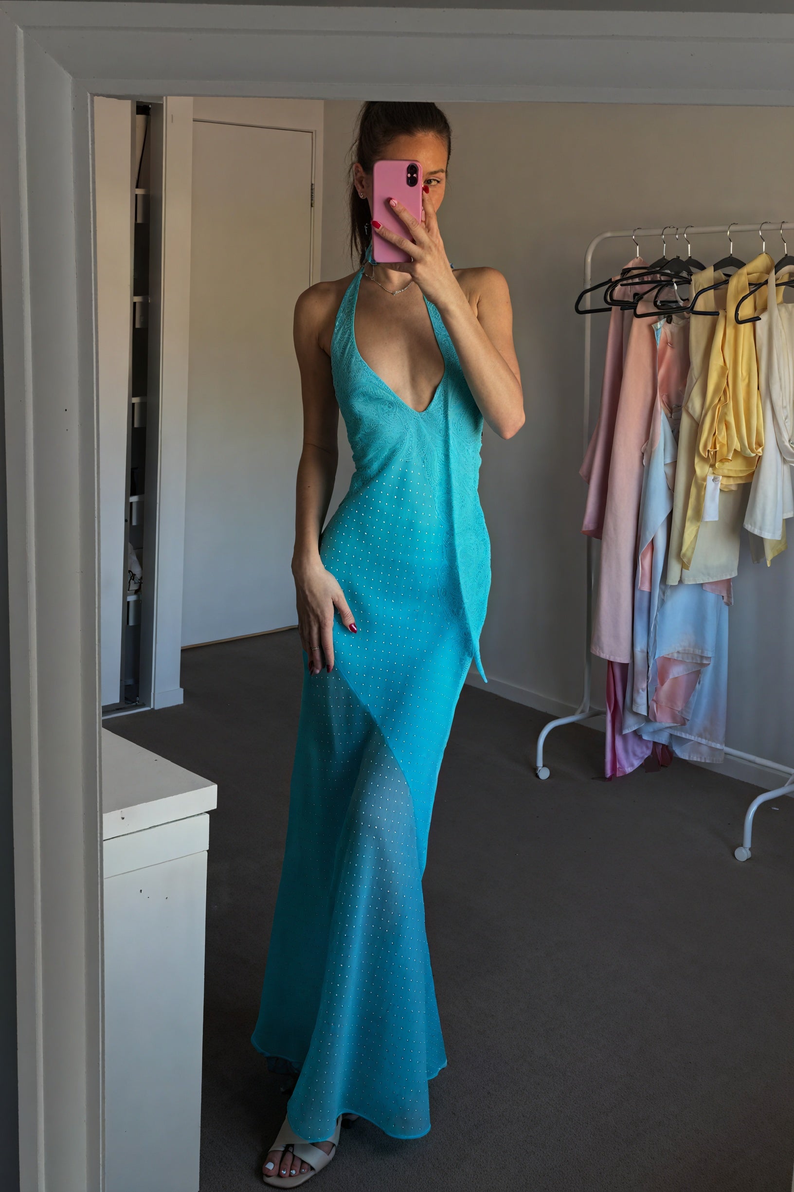 Women's Pink Halter Maxi Dress – Plunge V-Neck, Open Back, Asymmetrical Wrap Skirt, Chiffon-81108-1963e3d6-6b53-4644-8ab8-6e7890686613