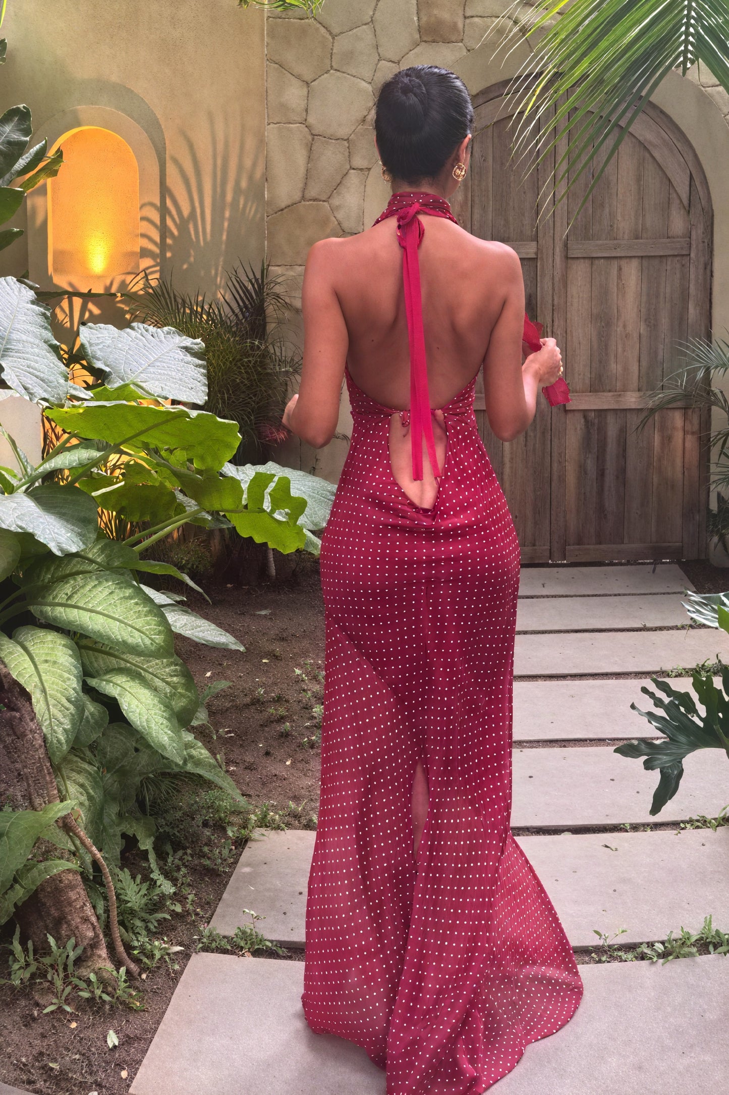 Women's Pink Halter Maxi Dress – Plunge V-Neck, Open Back, Asymmetrical Wrap Skirt, Chiffon-81108-6e61a787-18e3-4b25-ae5f-8e5b1dcd1894