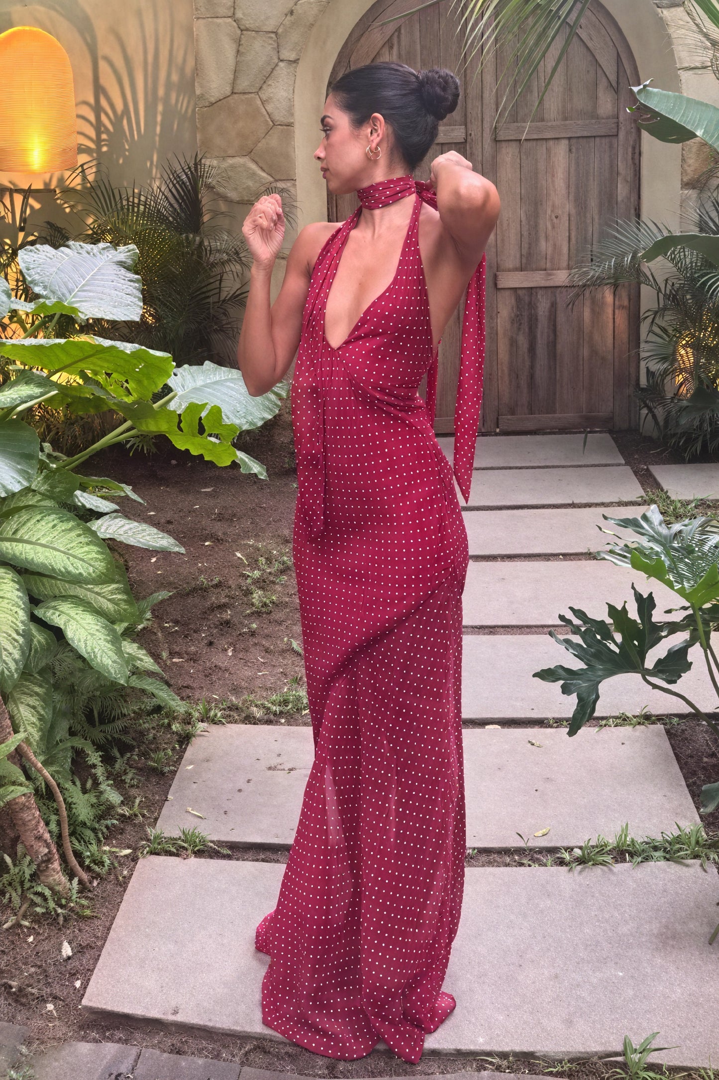 Women's Pink Halter Maxi Dress – Plunge V-Neck, Open Back, Asymmetrical Wrap Skirt, Chiffon-81108-4ac00475-a0da-4b2b-97ee-4401721261f0