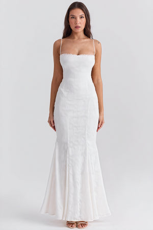 Women's White Linen Blend Mermaid Dress – Straight Neckline, Floor-Length, Elegant-81109-439308d3-b386-40ab-b1fc-2870f3ae540a