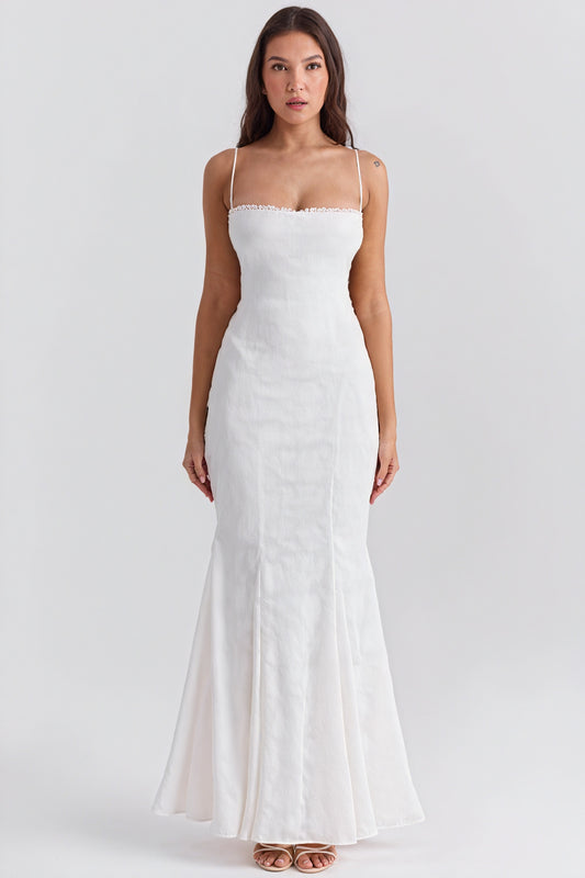 Women's White Linen Blend Mermaid Dress – Straight Neckline, Floor-Length, Elegant-81109-439308d3-b386-40ab-b1fc-2870f3ae540a