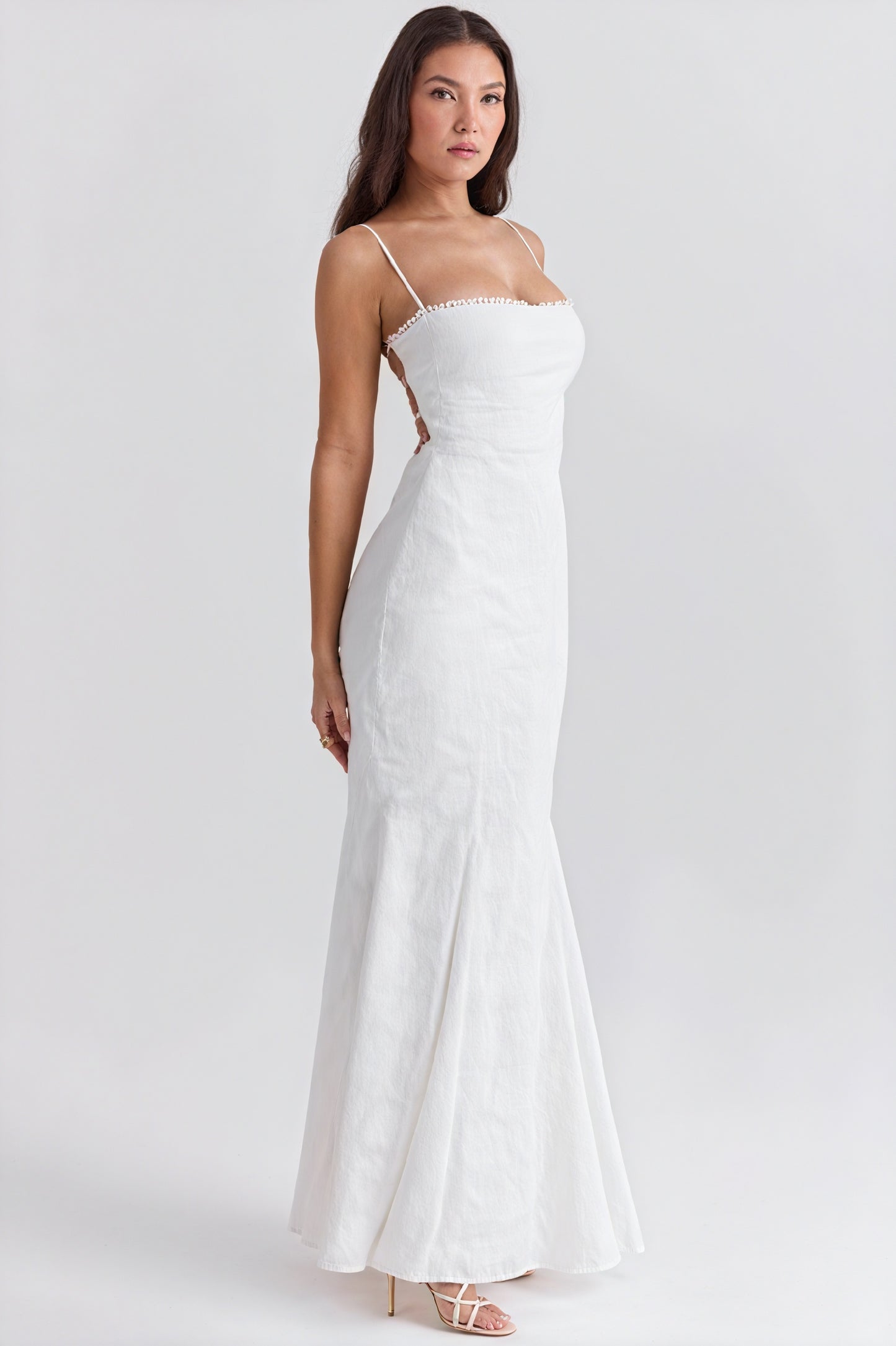 Women's White Linen Blend Mermaid Dress – Straight Neckline, Floor-Length, Elegant-81109-443142b8-2eb1-4714-9360-7fd970272bd8