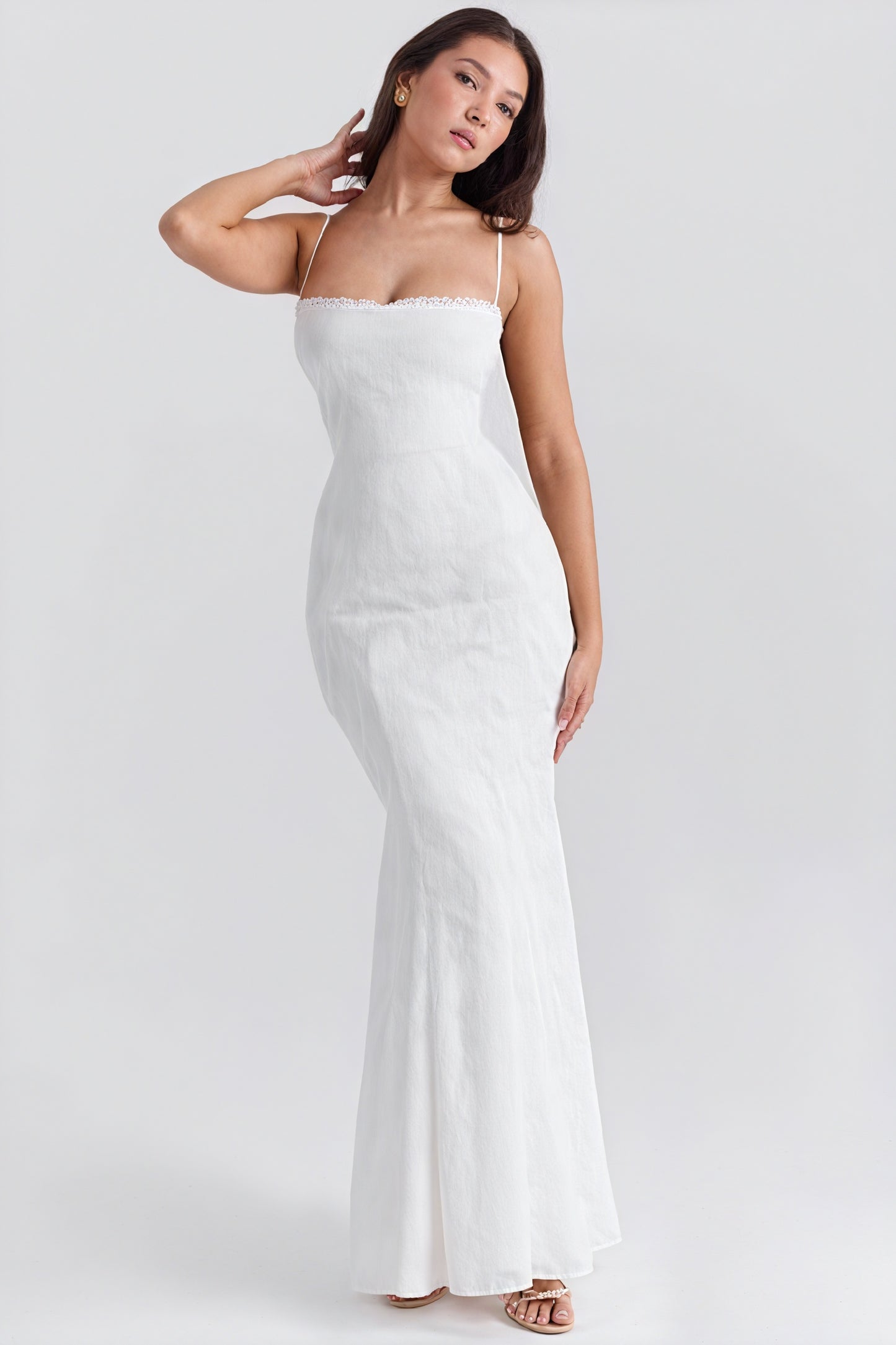 Women's White Linen Blend Mermaid Dress – Straight Neckline, Floor-Length, Elegant-81109-692e1fef-ee94-475f-b66e-ba1178cf78a2