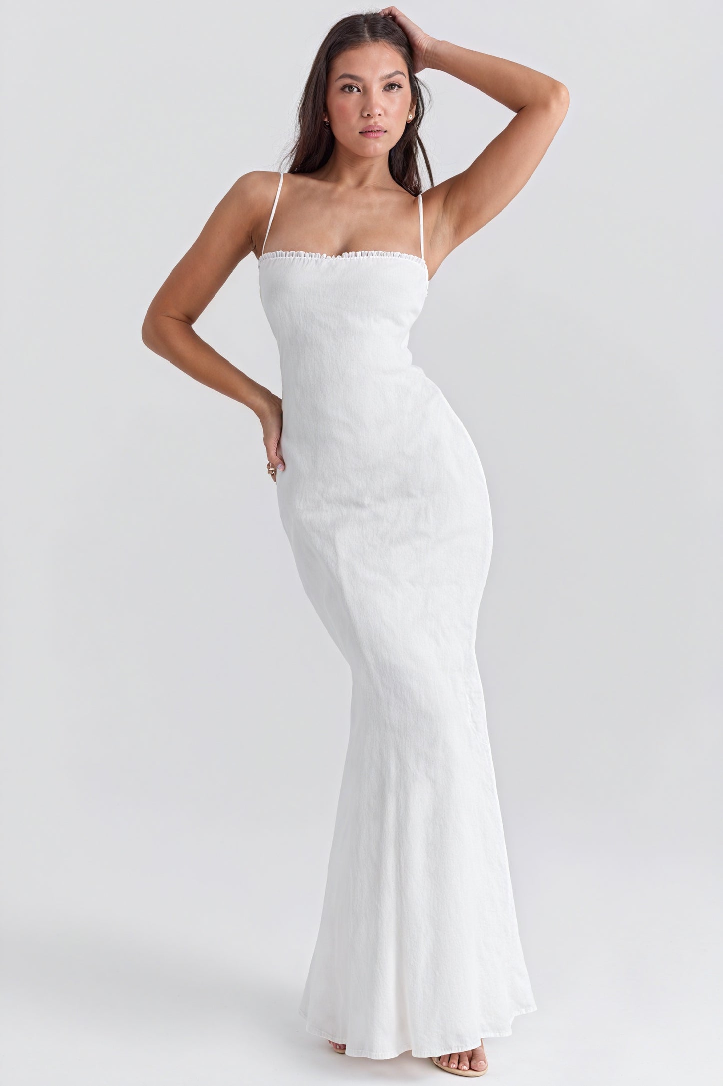 Women's White Linen Blend Mermaid Dress – Straight Neckline, Floor-Length, Elegant-81109-011a43cf-b35f-4f2b-a3d9-ec76fd17f619