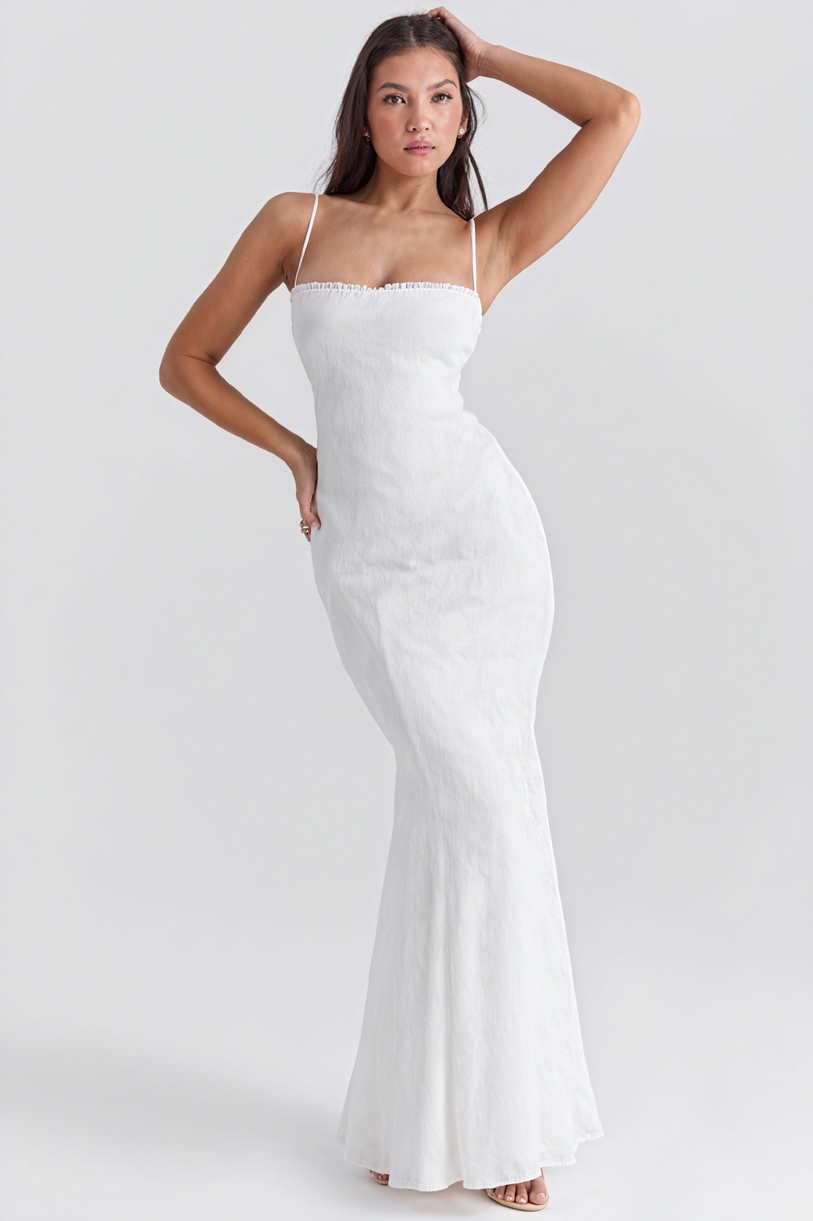 Women's White Linen Blend Mermaid Dress – Straight Neckline, Floor-Length, Elegant-81109-011a43cf-b35f-4f2b-a3d9-ec76fd17f619