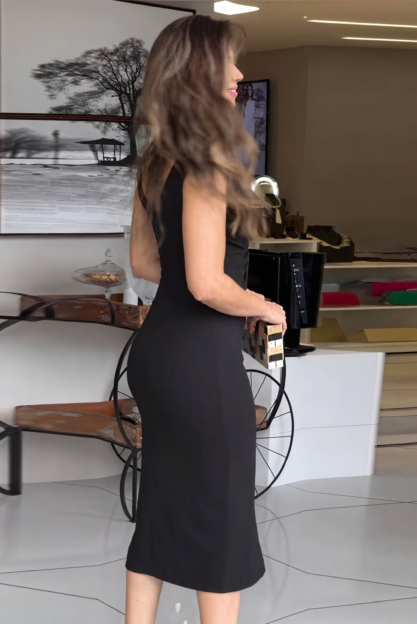 Women's Black Midi Dress – Plunging V-Neck, Knot Detail, Front Slit, Fitted Silhouette, Synthetic Blend-81115-05de3b03-44de-4465-a052-7a39dab93abb