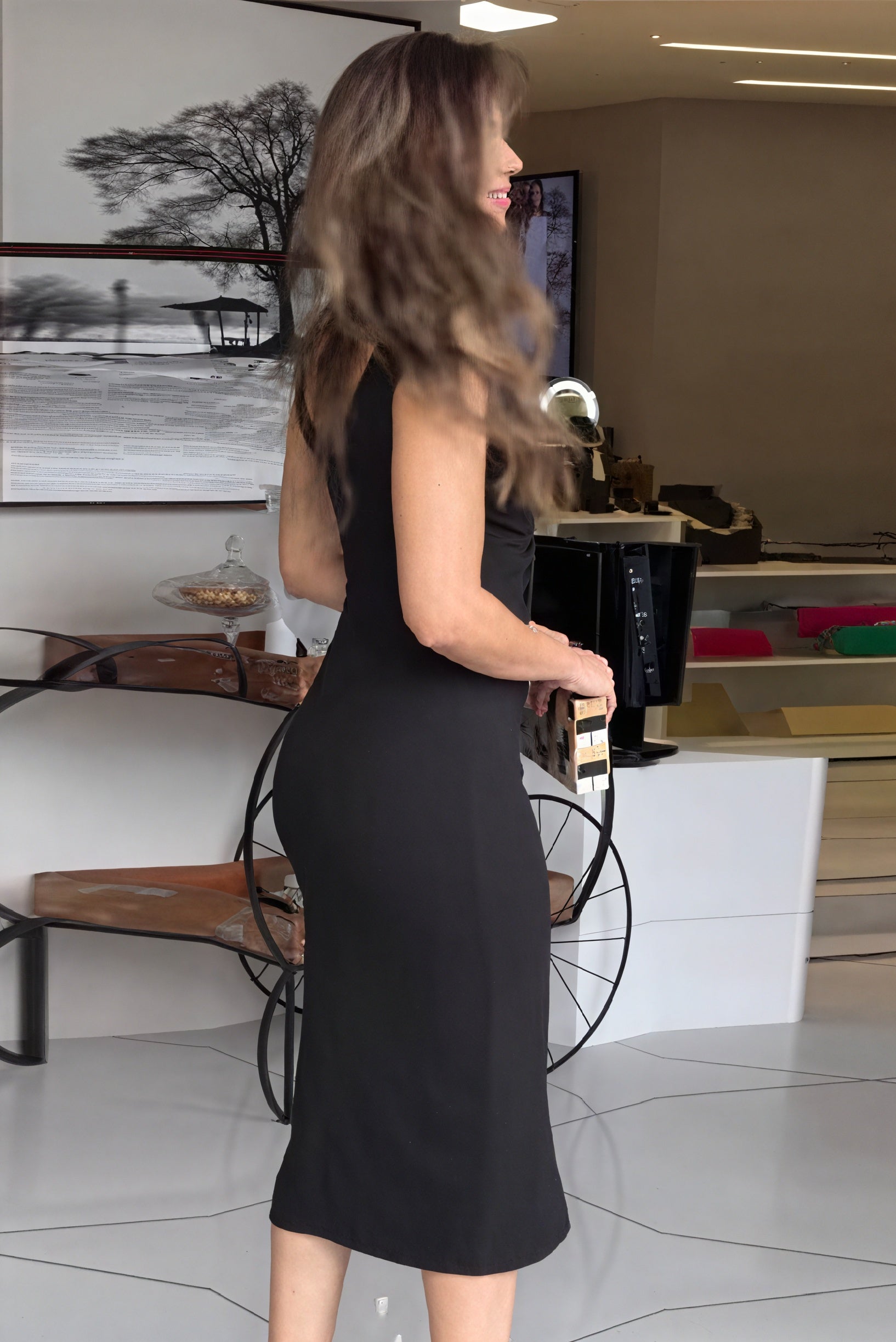 Women's Black Midi Dress – Plunging V-Neck, Knot Detail, Front Slit, Fitted Silhouette, Synthetic Blend-81115-05de3b03-44de-4465-a052-7a39dab93abb