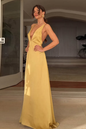 Women's Mustard Yellow Deep V-Neck Maxi Dress – Thin Straps, A-Line, Floor-Length, Elegant-81120-a8eddac8-7776-4fbf-828b-901134d89284