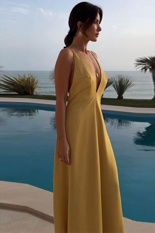 Women's Mustard Yellow Deep V-Neck Maxi Dress – Thin Straps, A-Line, Floor-Length, Elegant-81120-d5d22fb1-61f0-4d62-80e9-60518f1f8c01