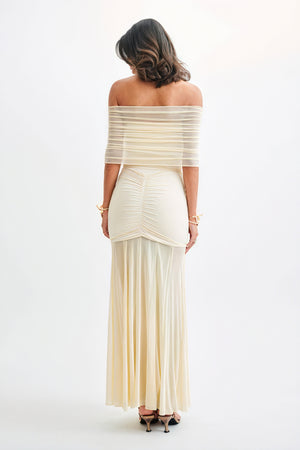 Women's Strapless Maxi Dress – Ruched Bodice, Sheer Flowing Skirt, Cream Black Elegant-81122-75446e28-1252-48ed-a8ad-64d58eee511e