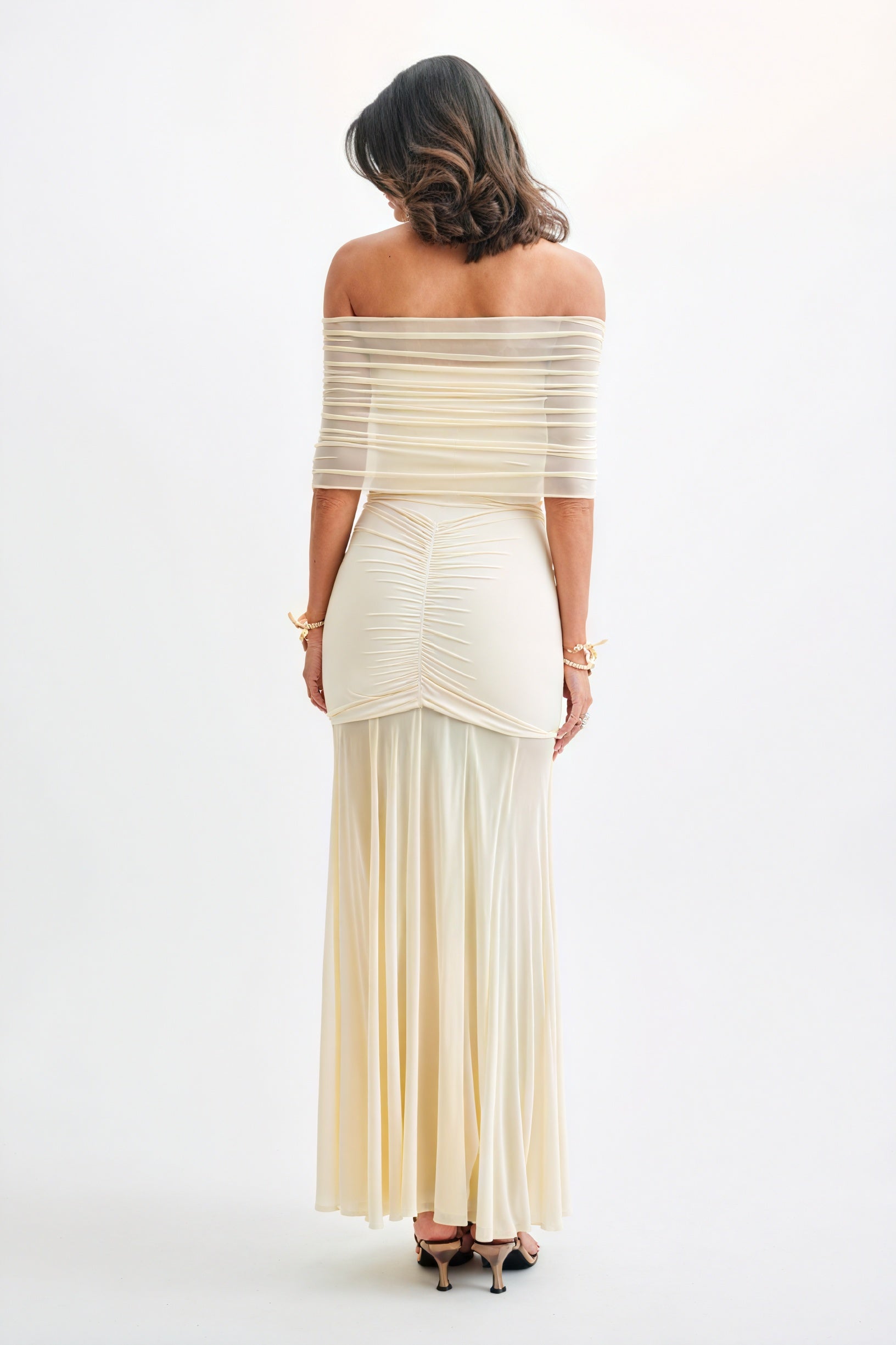 Women's Strapless Maxi Dress – Ruched Bodice, Sheer Flowing Skirt, Cream Black Elegant-81122-75446e28-1252-48ed-a8ad-64d58eee511e