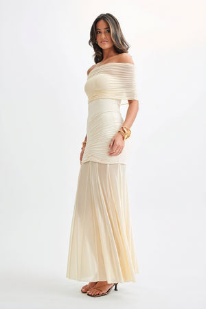 Women's Strapless Maxi Dress – Ruched Bodice, Sheer Flowing Skirt, Cream Black Elegant-81122-01a1829f-fe01-4e61-ad3a-94a6af81676e