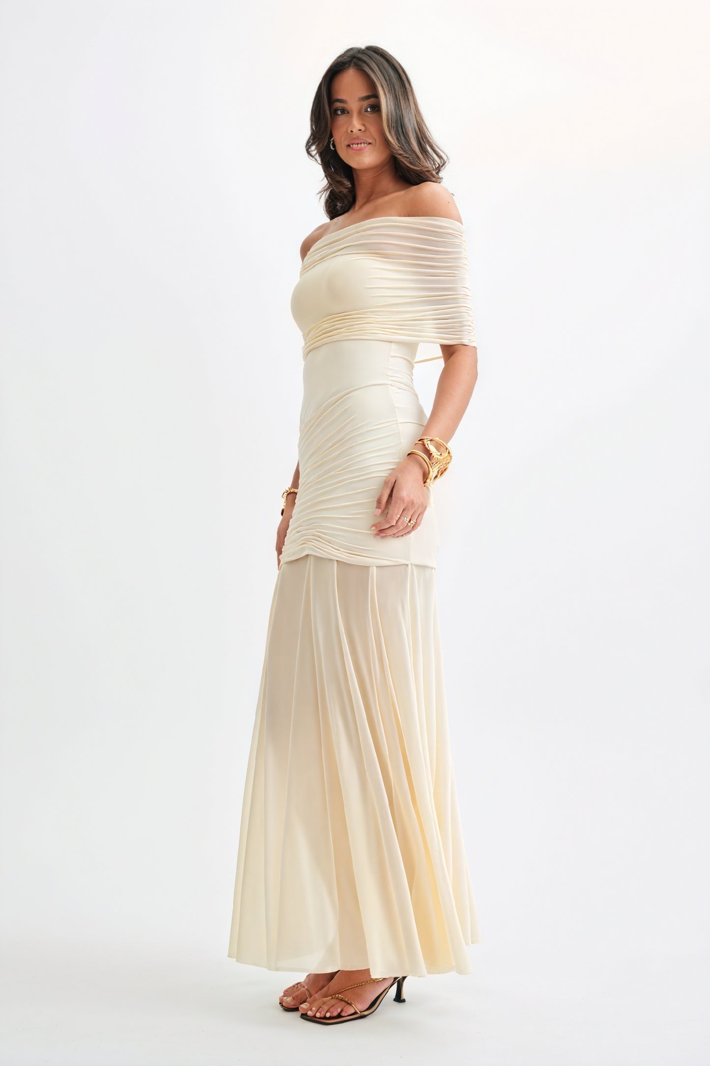 Women's Strapless Maxi Dress – Ruched Bodice, Sheer Flowing Skirt, Cream Black Elegant-81122-01a1829f-fe01-4e61-ad3a-94a6af81676e
