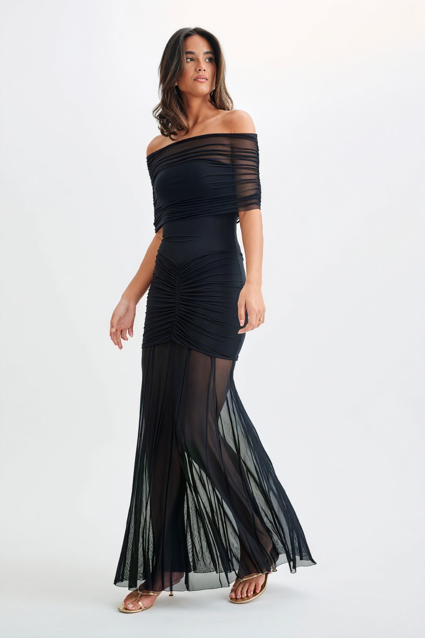 Women's Strapless Maxi Dress – Ruched Bodice, Sheer Flowing Skirt, Cream Black Elegant-81122-134321f4-7082-4b18-a118-823faa22b38d
