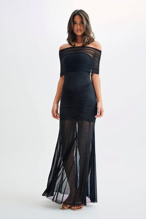 Women's Strapless Maxi Dress – Ruched Bodice, Sheer Flowing Skirt, Cream Black Elegant-81122-f39c3a91-7062-407b-8c31-218b0c0fecfe