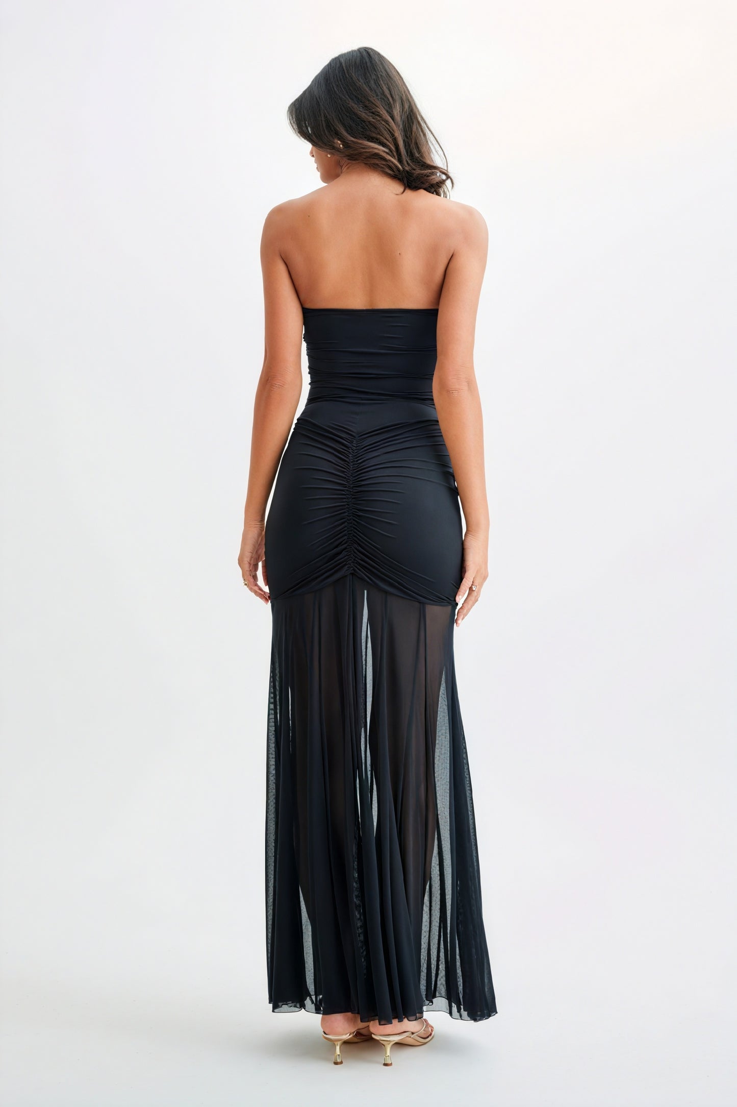 Women's Strapless Maxi Dress – Ruched Bodice, Sheer Flowing Skirt, Cream Black Elegant-81122-6a78319a-4093-48a2-aaf4-c4a592a60604