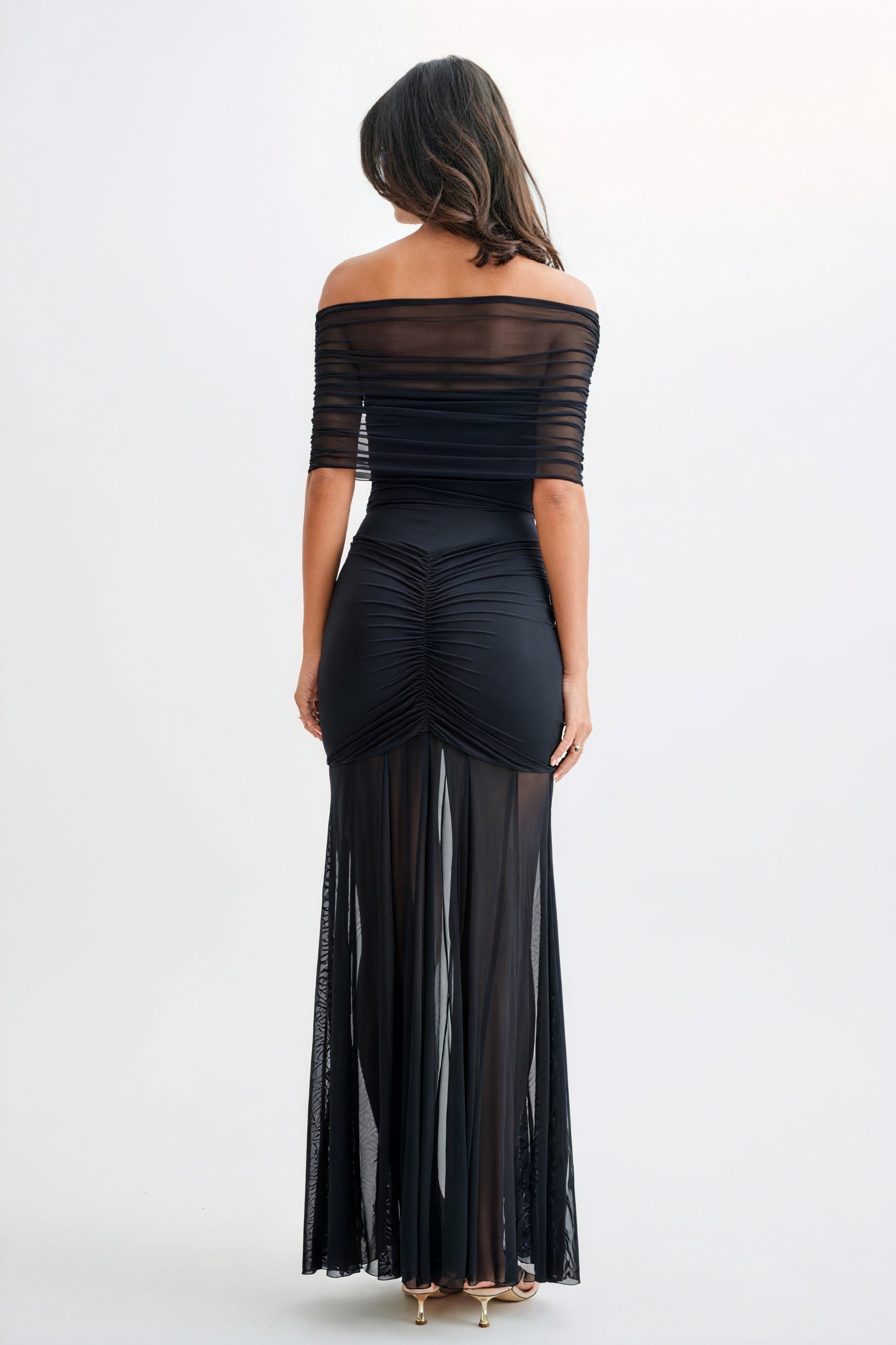 Women's Strapless Maxi Dress – Ruched Bodice, Sheer Flowing Skirt, Cream Black Elegant-81122-f2e2cf4c-2b0a-4876-bf00-8b2e7b7be1ed