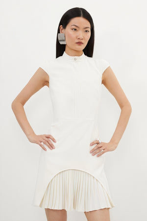 Women's White Dress – High Neck, Cap Sleeve, Pleated Skirt, Minimalist Modern-81126-3af2e4d3-06b6-4ba6-9c96-9618bedc9bd1