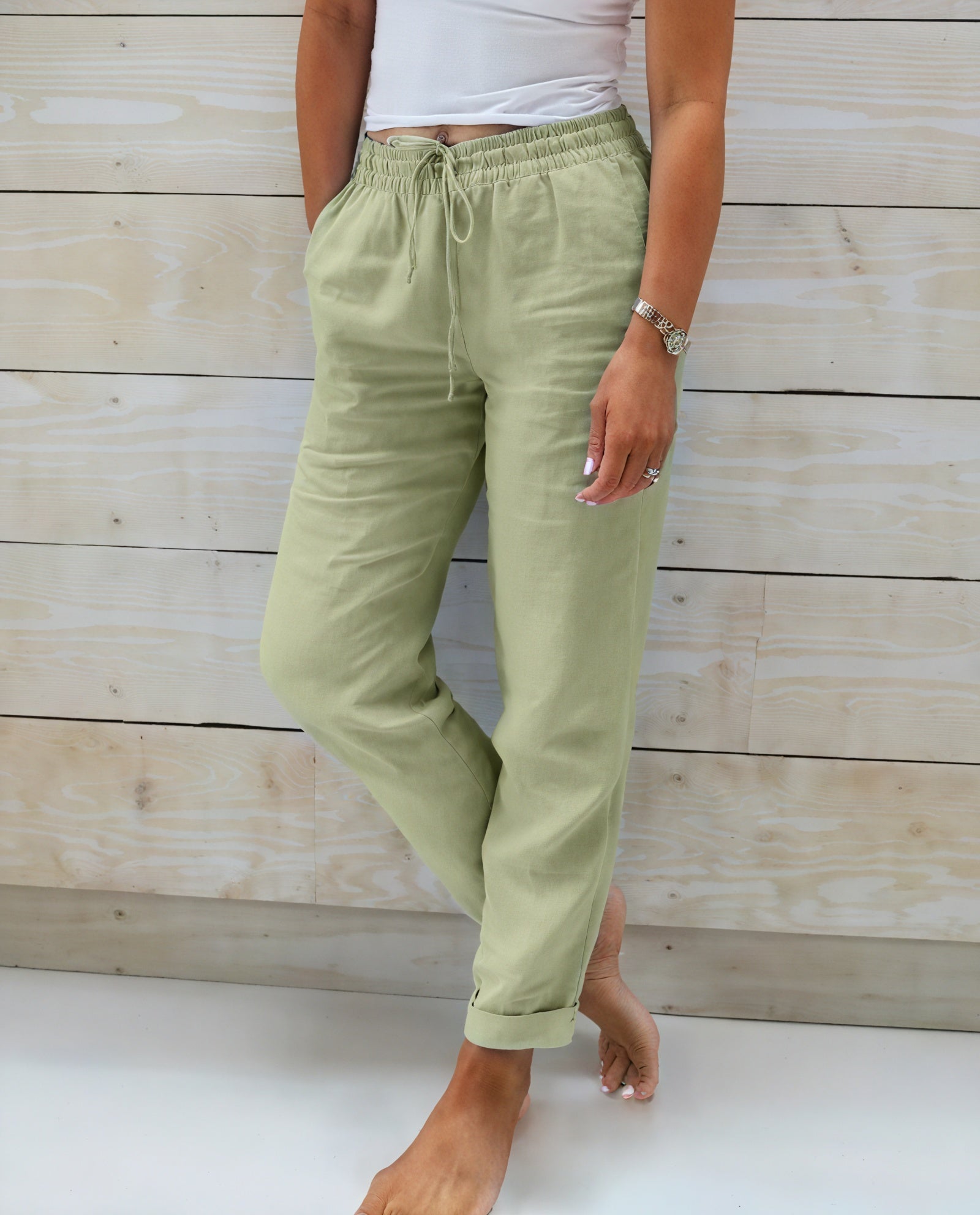 Women's Pants – Linen Blend Drawstring Cuffed Relaxed Fit-81141-246d298b-fcbf-4156-bb2d-e81697fdb276