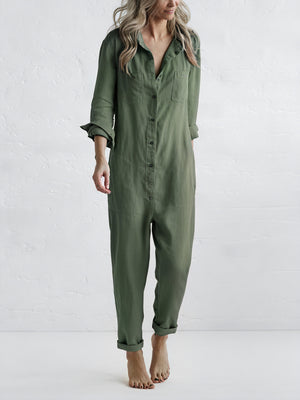 Women's Linen Blend Jumpsuit – Button-Down Collared Relaxed Fit, Teal Olive Rose-81162-d3efec21-e80c-42d4-bfee-6751e6619434