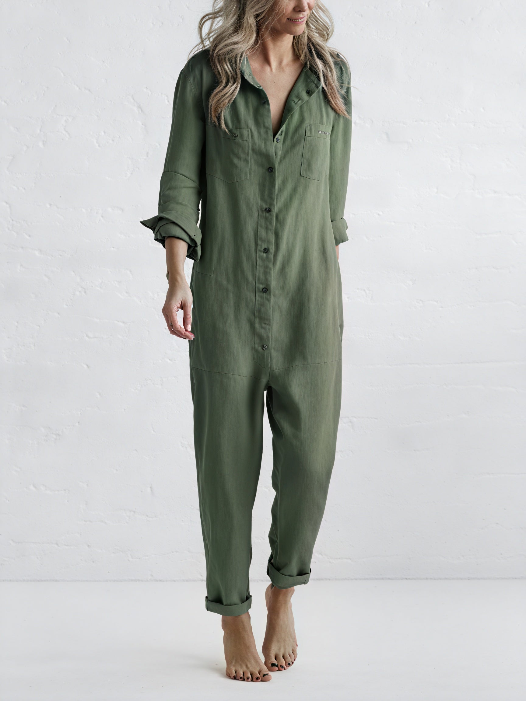 Women's Linen Blend Jumpsuit – Button-Down Collared Relaxed Fit, Teal Olive Rose-81162-d3efec21-e80c-42d4-bfee-6751e6619434
