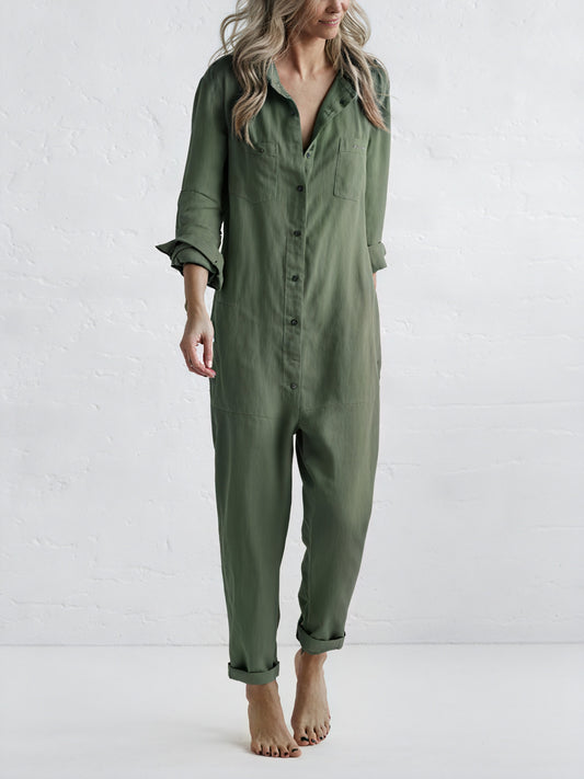 Women's Linen Blend Jumpsuit – Button-Down Collared Relaxed Fit, Teal Olive Rose-81162-d3efec21-e80c-42d4-bfee-6751e6619434
