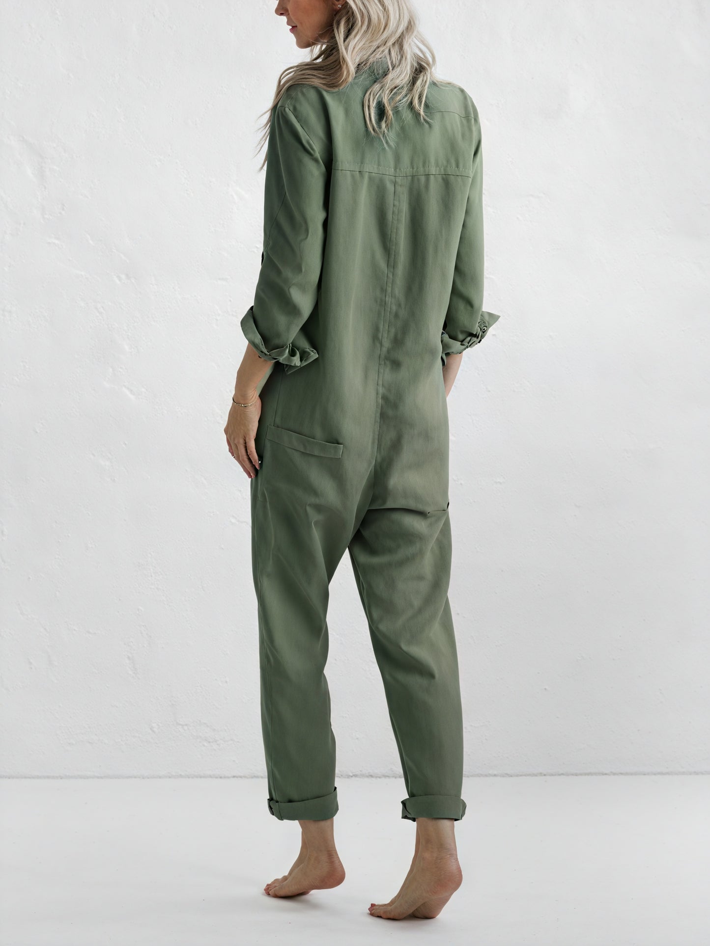 Women's Linen Blend Jumpsuit – Button-Down Collared Relaxed Fit, Teal Olive Rose-81162-70e266ec-9391-4a99-8335-8cd831e1464b