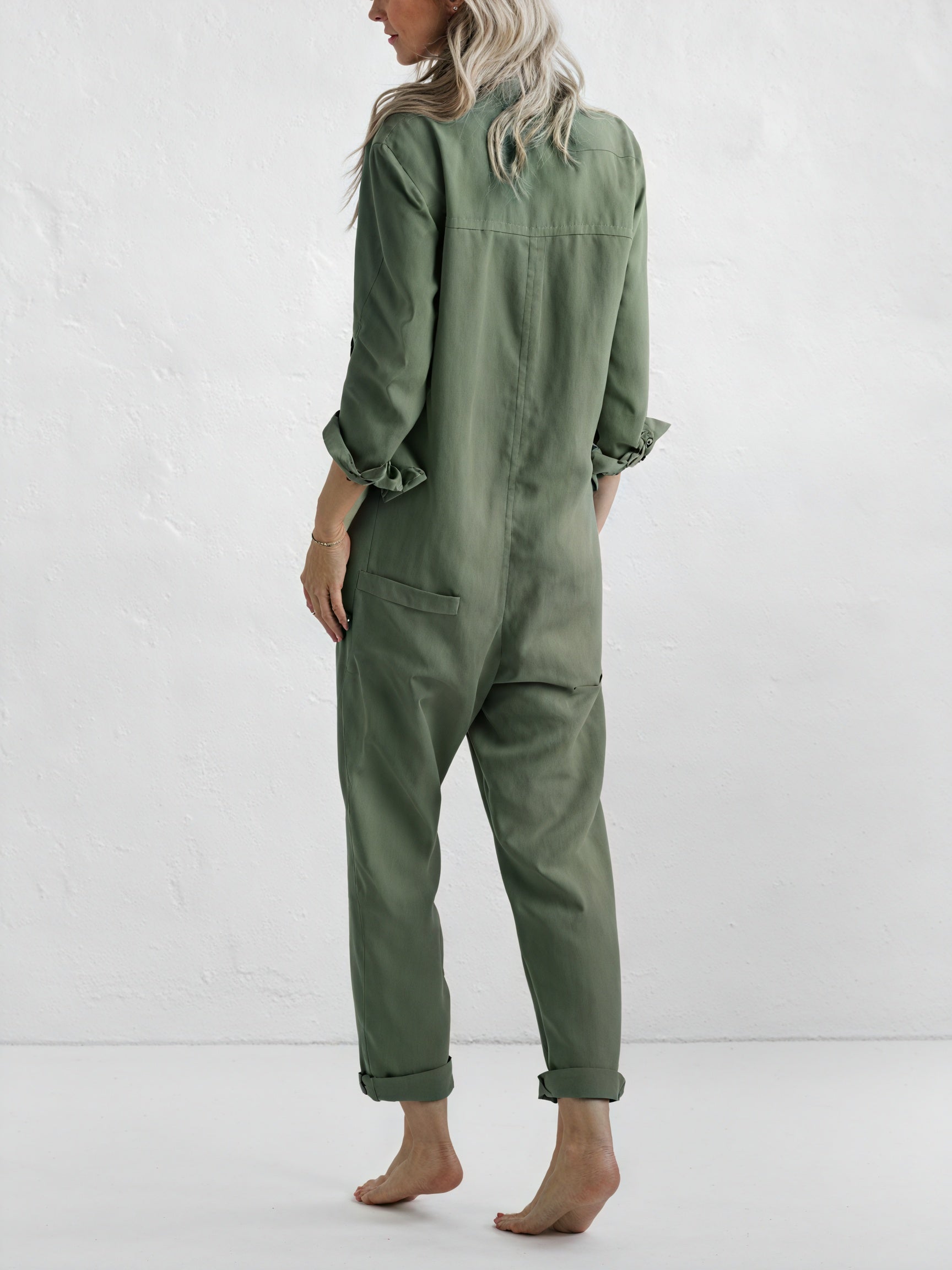Women's Linen Blend Jumpsuit – Button-Down Collared Relaxed Fit, Teal Olive Rose-81162-70e266ec-9391-4a99-8335-8cd831e1464b