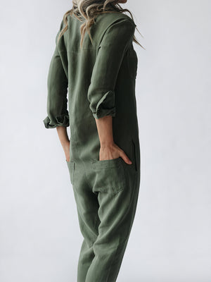 Women's Linen Blend Jumpsuit – Button-Down Collared Relaxed Fit, Teal Olive Rose-81162-d328dfe8-1368-44ad-9b43-875f190105fd