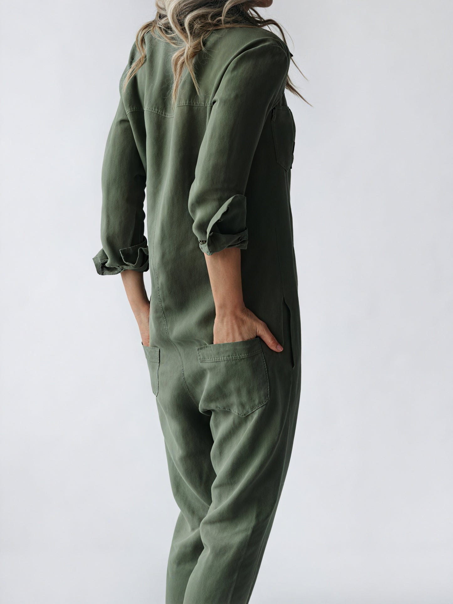 Women's Linen Blend Jumpsuit – Button-Down Collared Relaxed Fit, Teal Olive Rose-81162-d328dfe8-1368-44ad-9b43-875f190105fd