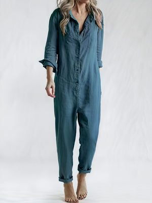 Women's Linen Blend Jumpsuit – Button-Down Collared Relaxed Fit, Teal Olive Rose-81162-faff3b4d-69e5-4197-bb01-c1e816ad03e1