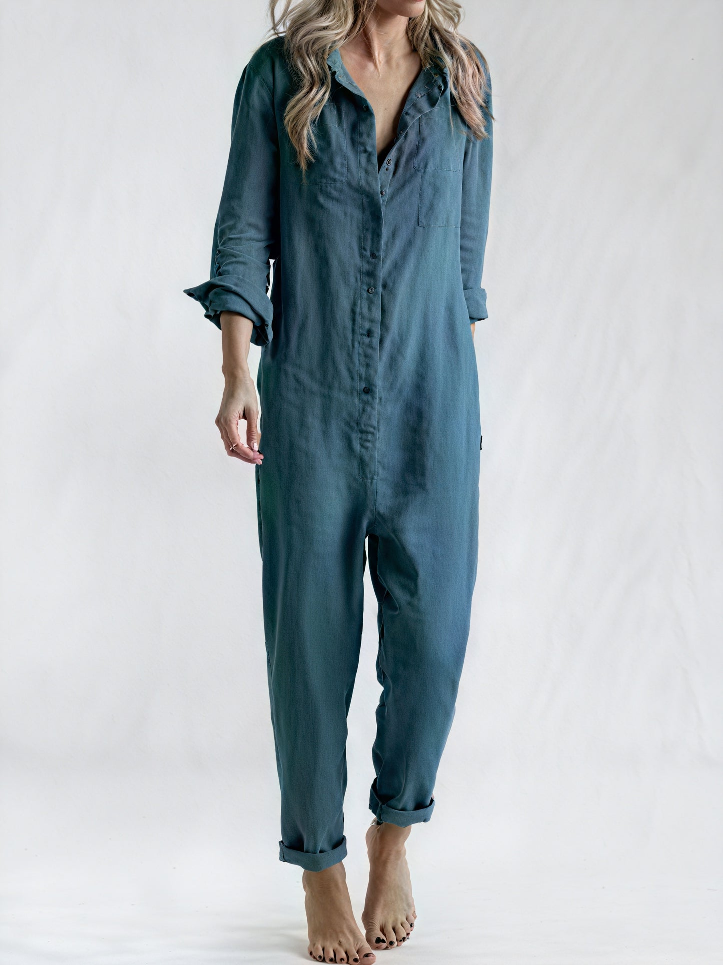 Women's Linen Blend Jumpsuit – Button-Down Collared Relaxed Fit, Teal Olive Rose-81162-faff3b4d-69e5-4197-bb01-c1e816ad03e1