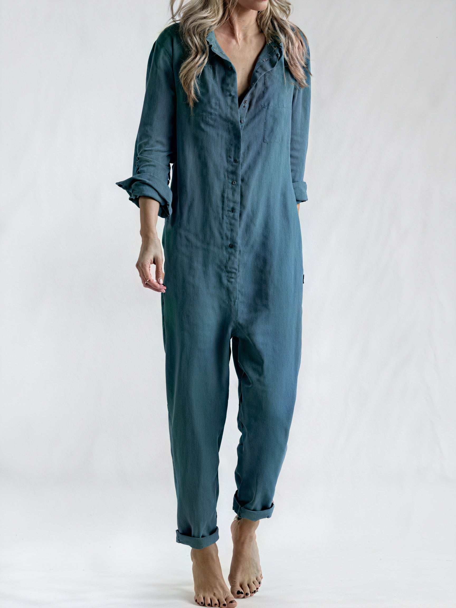 Women's Linen Blend Jumpsuit – Button-Down Collared Relaxed Fit, Teal Olive Rose-81162-faff3b4d-69e5-4197-bb01-c1e816ad03e1