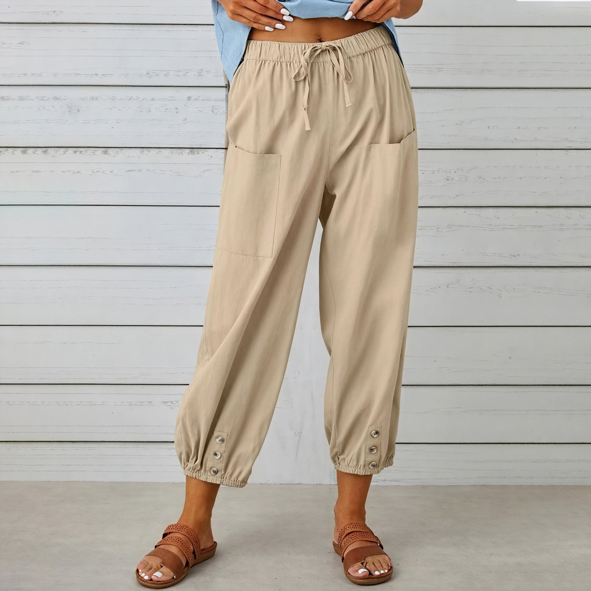 Women's Relaxed Cropped Pants with Drawstring Waist and Button Ankle-81182-c4aa6764-1606-4d67-a640-974783f002dd