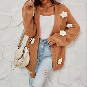Women's Brown Open-Front Cardigan – Floral Embellished, Ribbed Knit, Bohemian Style, Sydney Wardrobe-81302-07c04404-fe43-413b-b4c4-052fe14f4c10