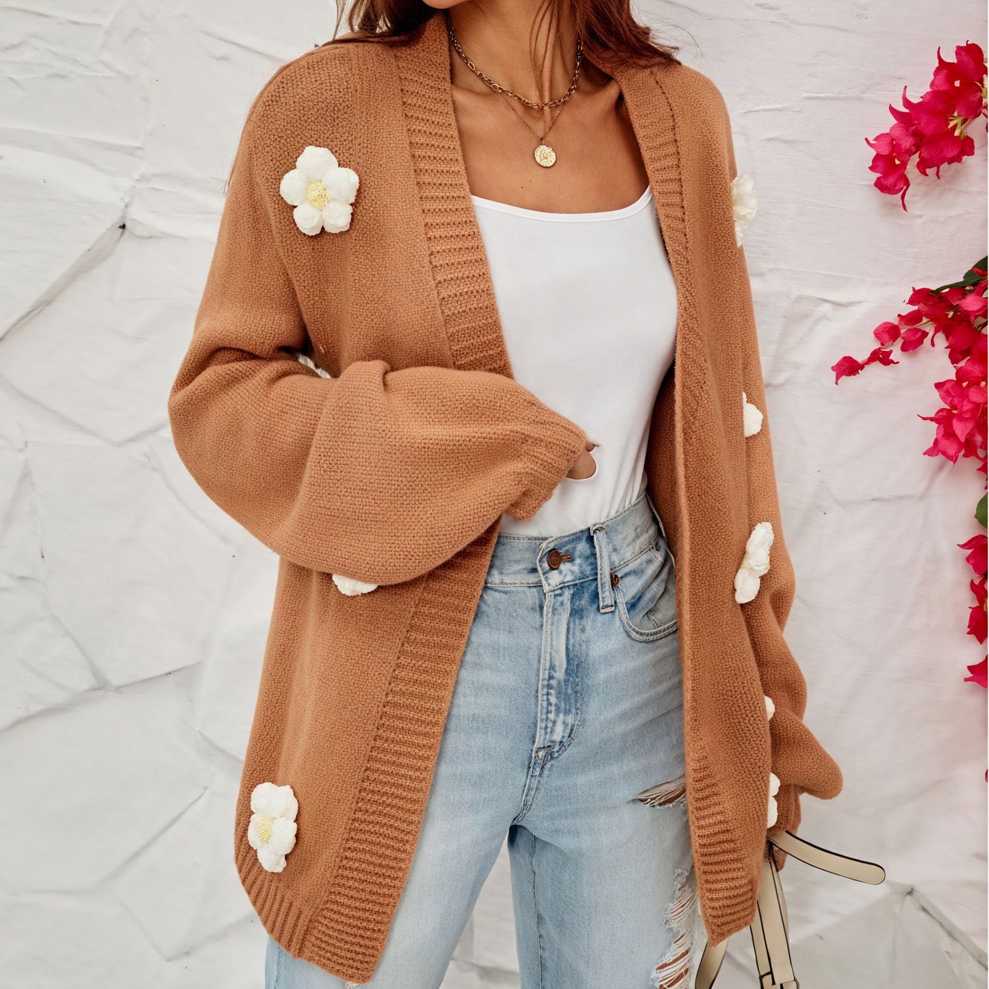 Women's Brown Open-Front Cardigan – Floral Embellished, Ribbed Knit, Bohemian Style, Sydney Wardrobe-81302-f62c253a-6eee-4072-a996-7e8050f58576