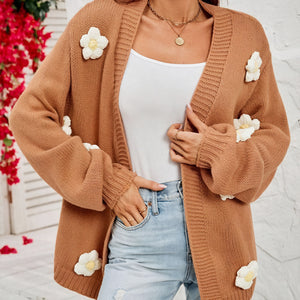Women's Brown Open-Front Cardigan – Floral Embellished, Ribbed Knit, Bohemian Style, Sydney Wardrobe-81302-37fc89a4-664f-4359-940c-076d6879d2cc